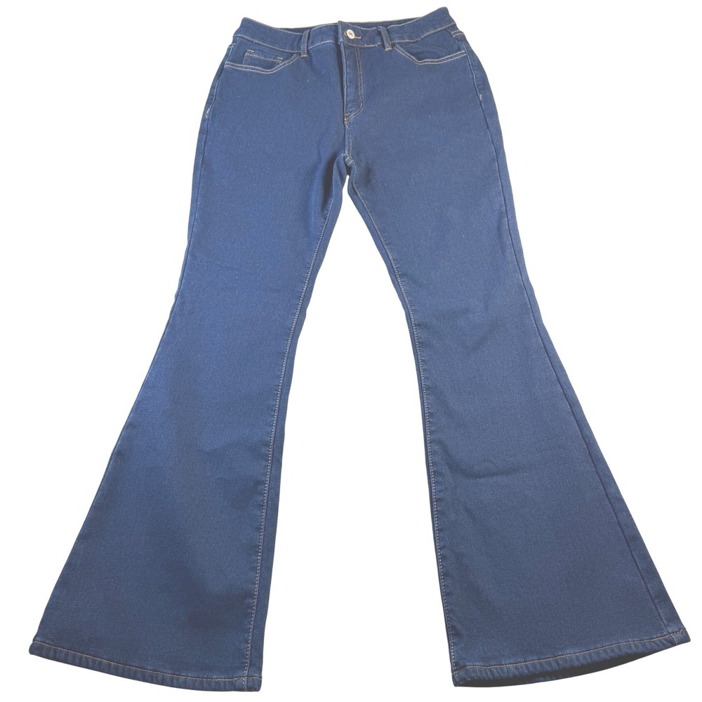 S Jeans Women's Fleece Lined Flare Jeans Dark Wash Blue Stretch Bell Bottom L